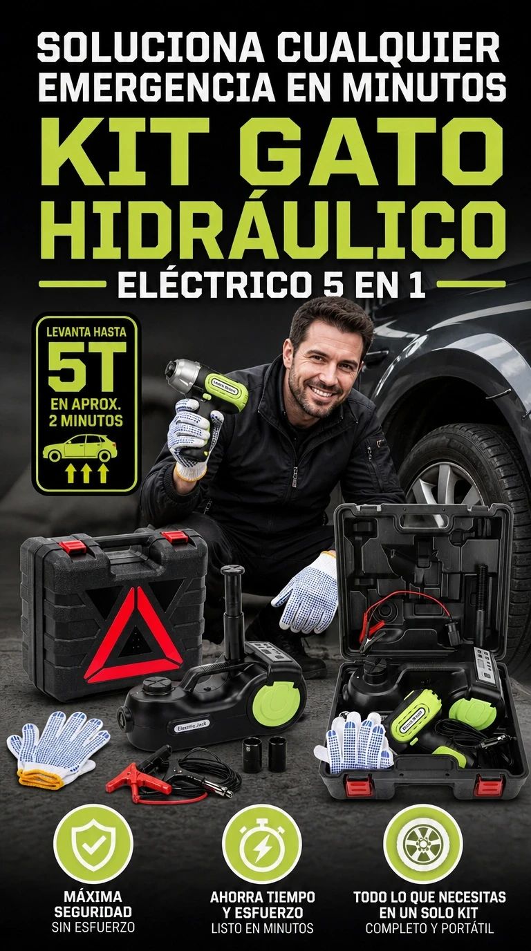 KIT GATA HIDRAULICA ELECTRICA 5T 4 EN 1 GATA LLAVE DE IMPACTO COMPRESOR LUZ LED